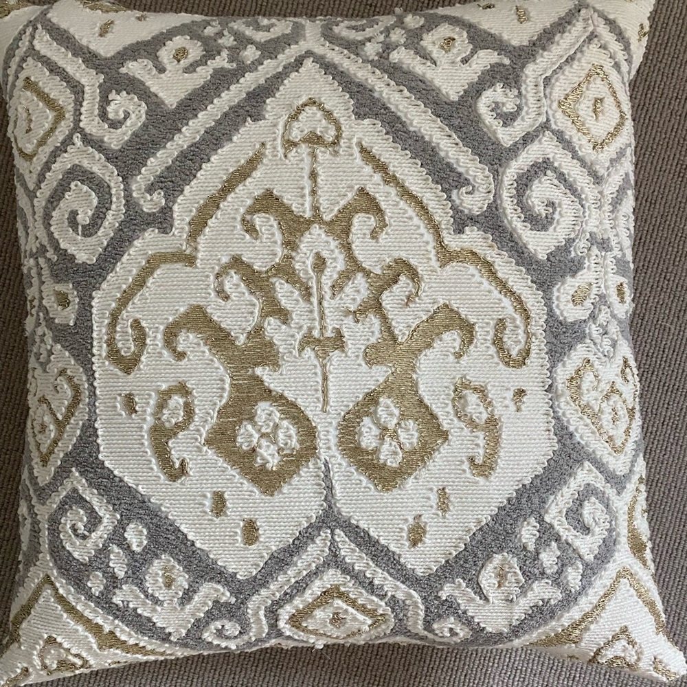 Three gold and silver pillows, includes inserts, 20x20” square